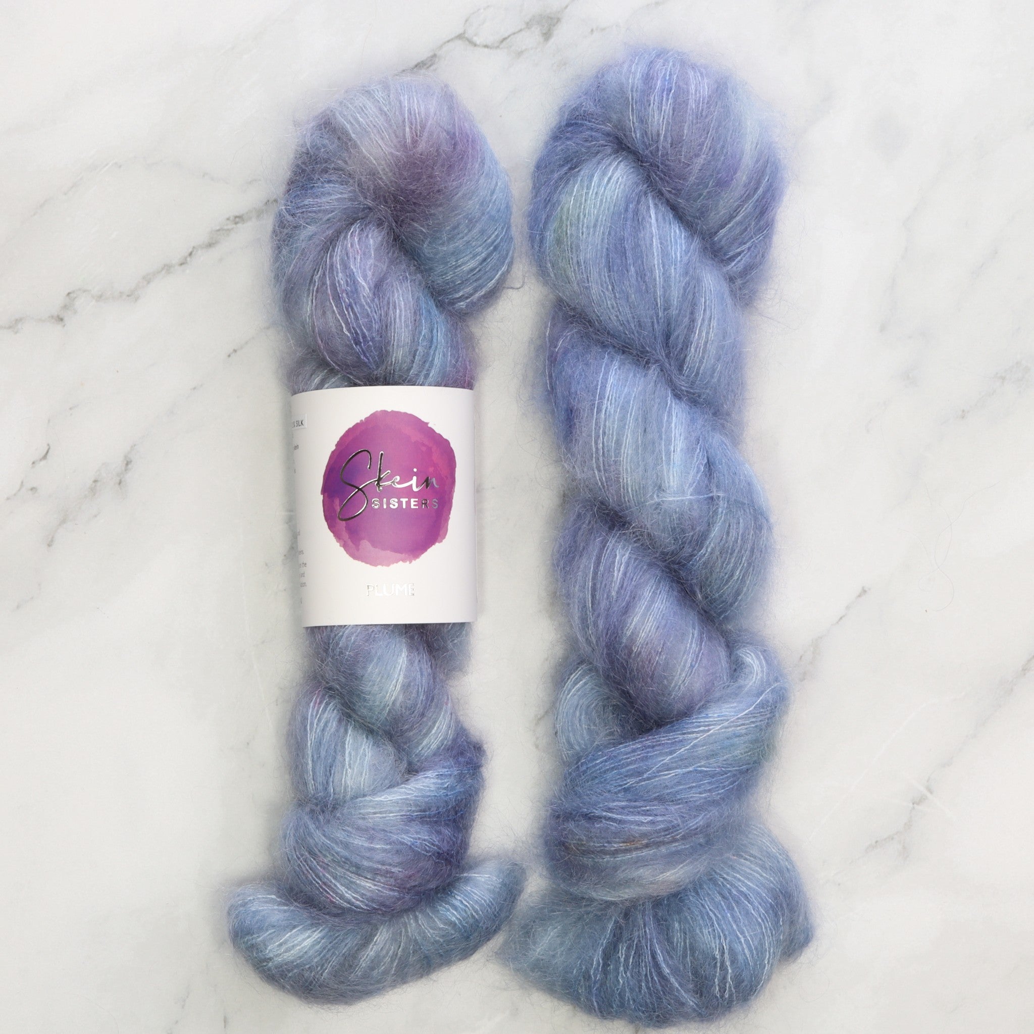 Skein Sisters Plume in colourway Jet Pack Blues – 2ply weight mohair, silk yarn