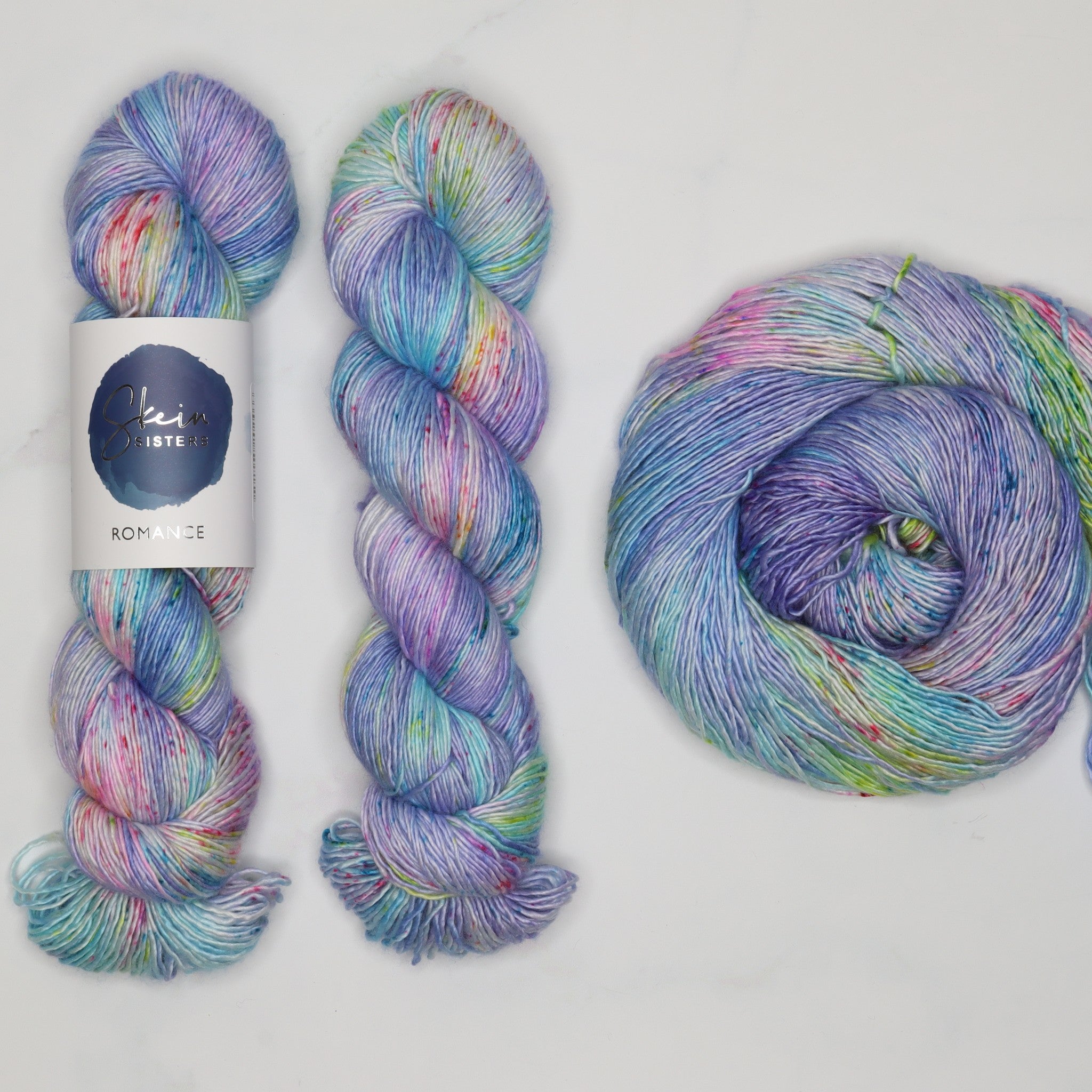 Skein Sisters Romance in colourway Let’s Go Fly a Kite – 4ply weight merino, silk yarn