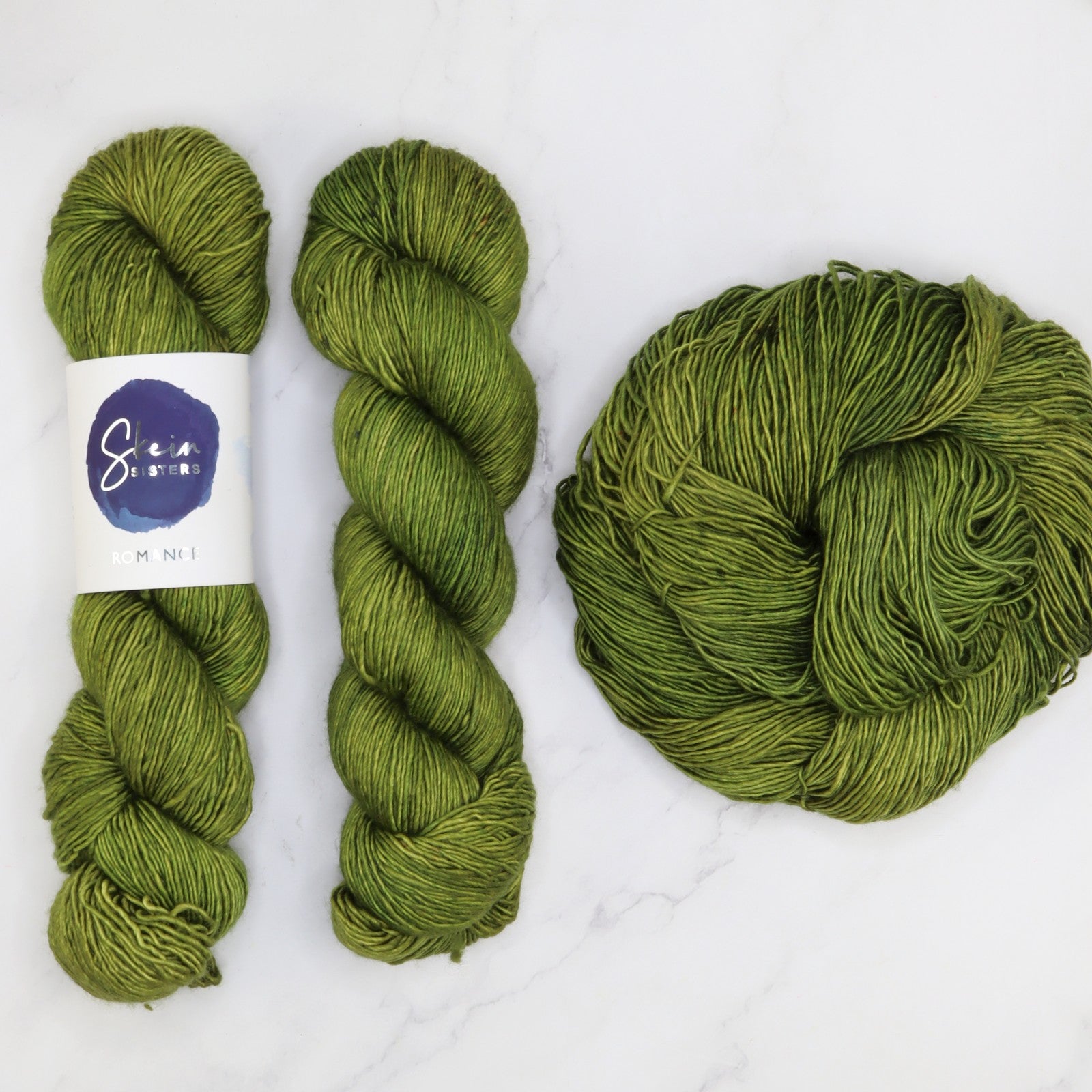 Skein Sisters Romance in colourway Olive You – 4ply weight merino, silk yarn