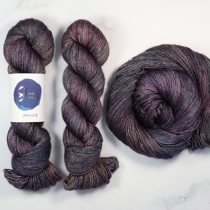 Skein Sisters Romance in colourway Stolen Thunder – 4ply weight merino, silk yarn