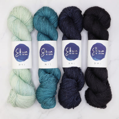 Romance Gradient Sets in colourway Hollow Sky – 4ply weight merino, silk yarn