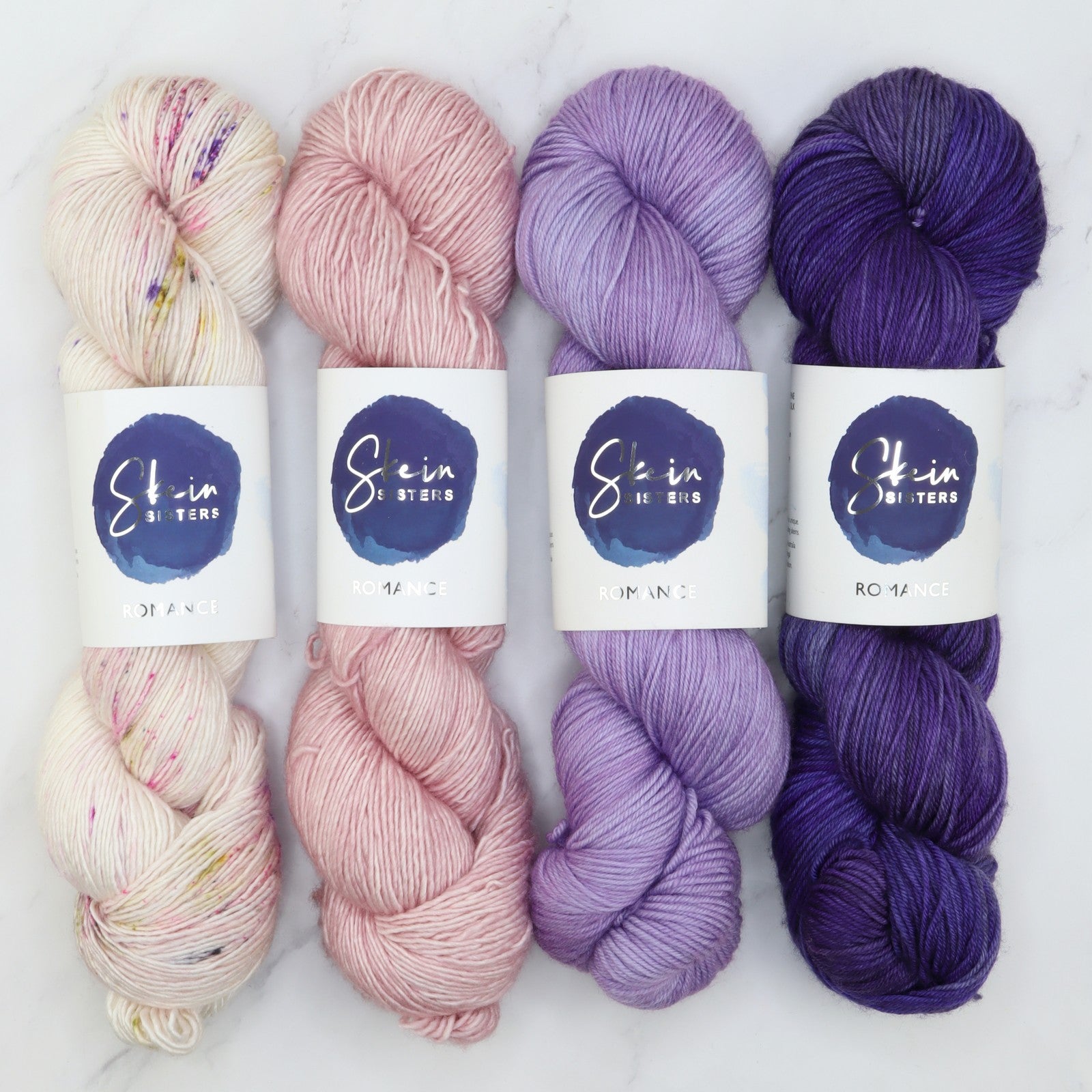 Romance Gradient Sets in colourway Jacaranda – 4ply weight merino, silk yarn