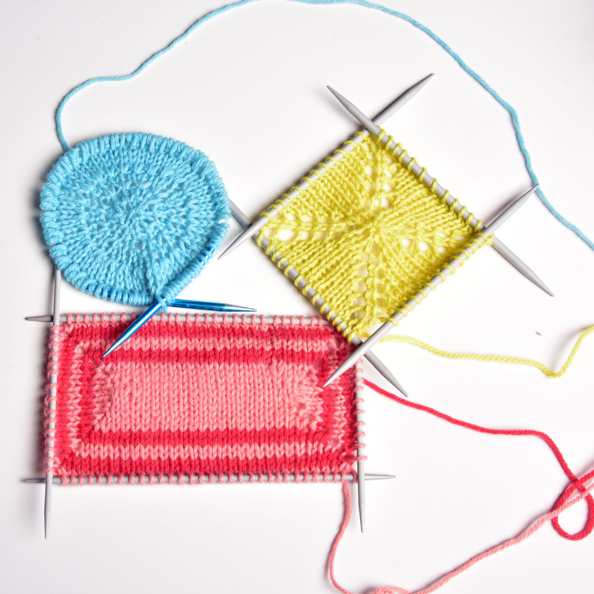 Circle, square and rectangle knitted from the centre out on double-pointed needles