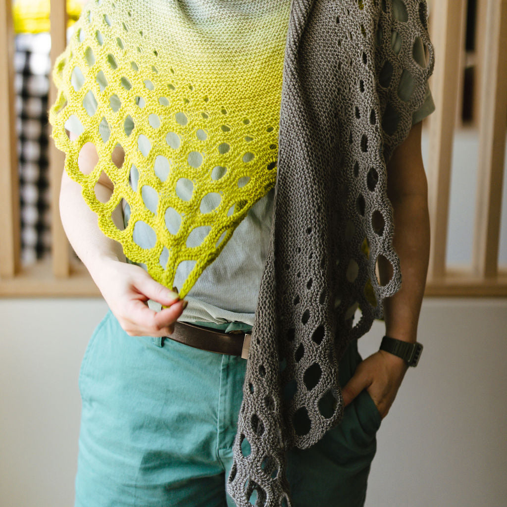 Close-up of the big bold holes in the Trypophobia Shawl