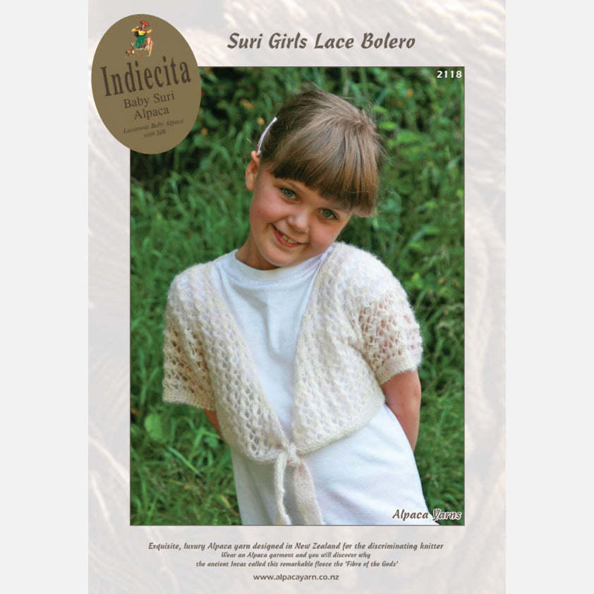 Indiecita Suri Girls Lace Bolero Pattern 2118 by Alpaca Yarns NZ