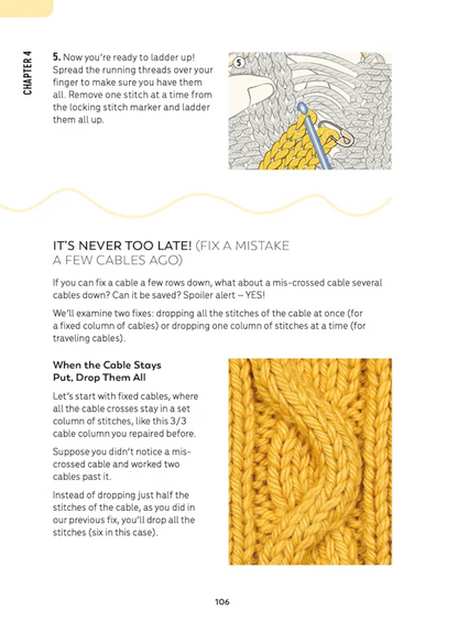 Patty Lyons' Knitting ER – inside page: fixing a mis-crossed cable several rows down