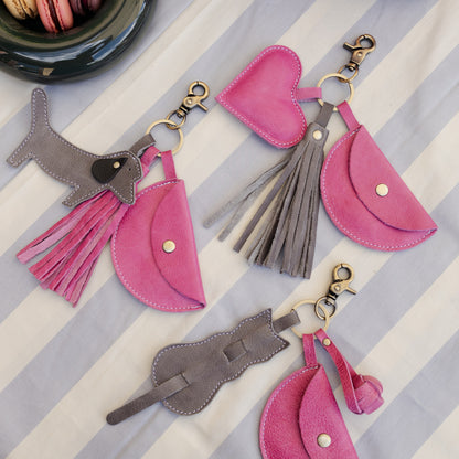 Re:Designed Leather Keyrings – Dog, Cat and Yarn and Heart in Pop Pink